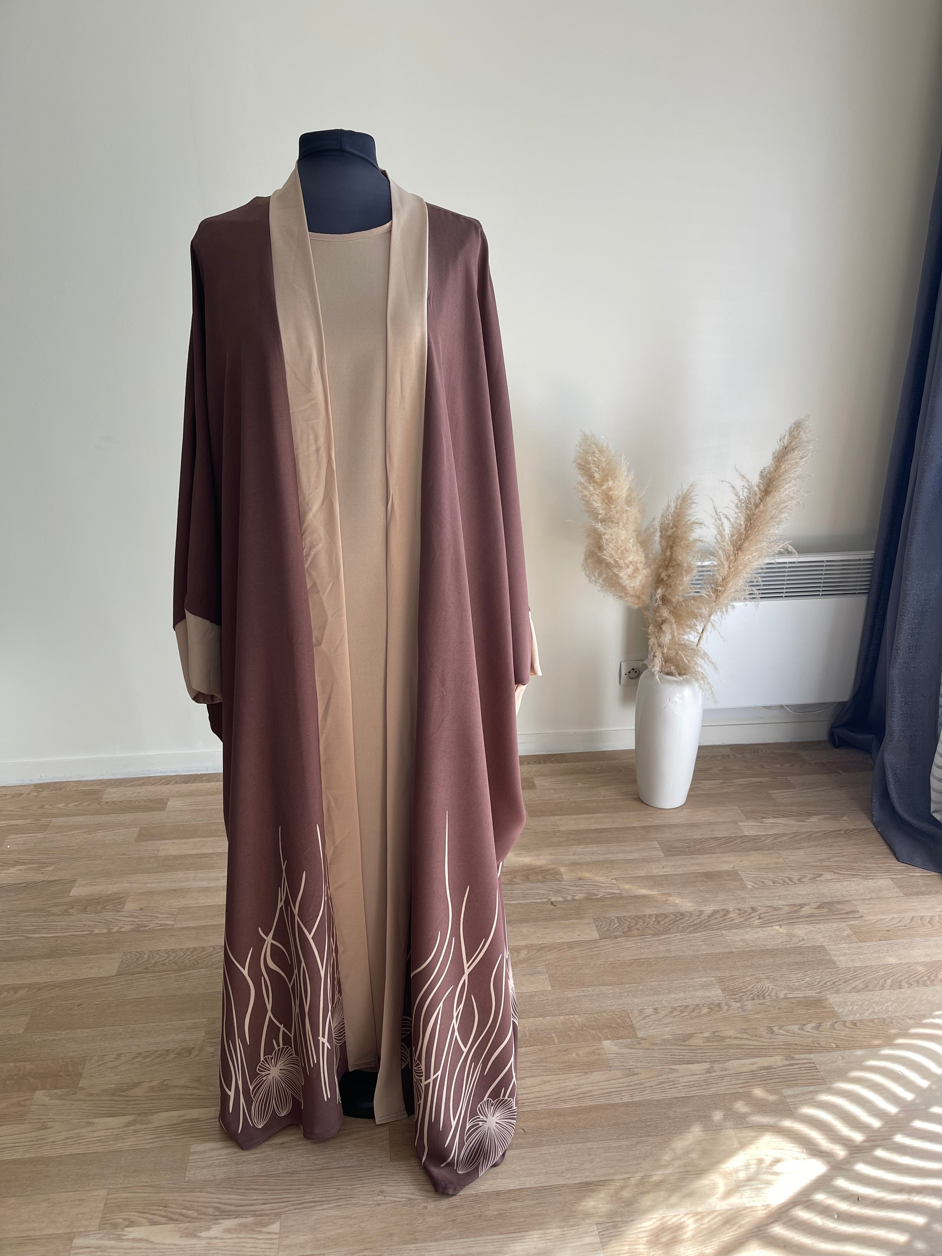 Abaya deux pièces bords imprimés floraux