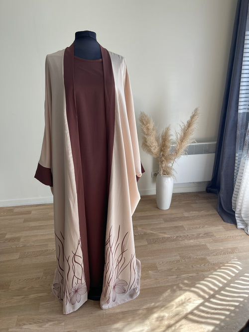 Abaya deux pièces bords imprimés floraux