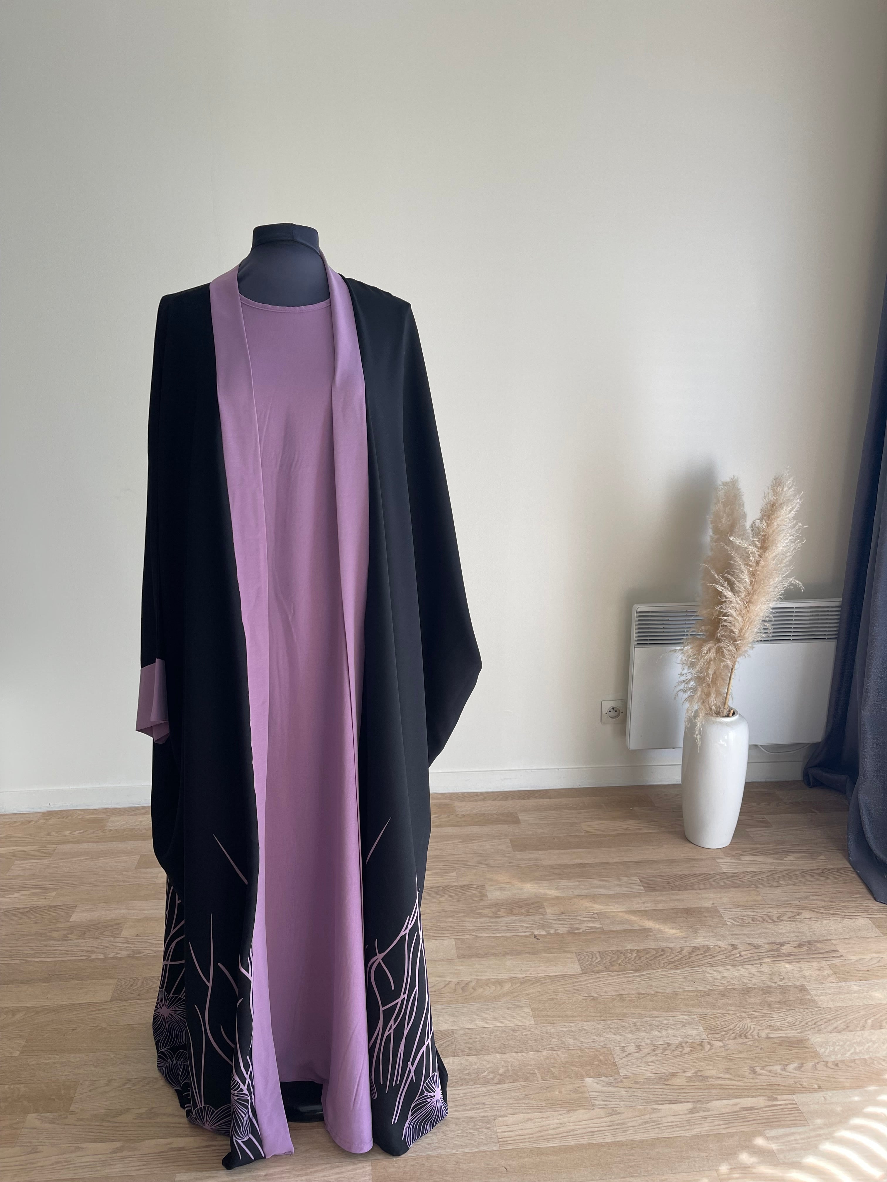 Abaya deux pièces bords imprimés floraux