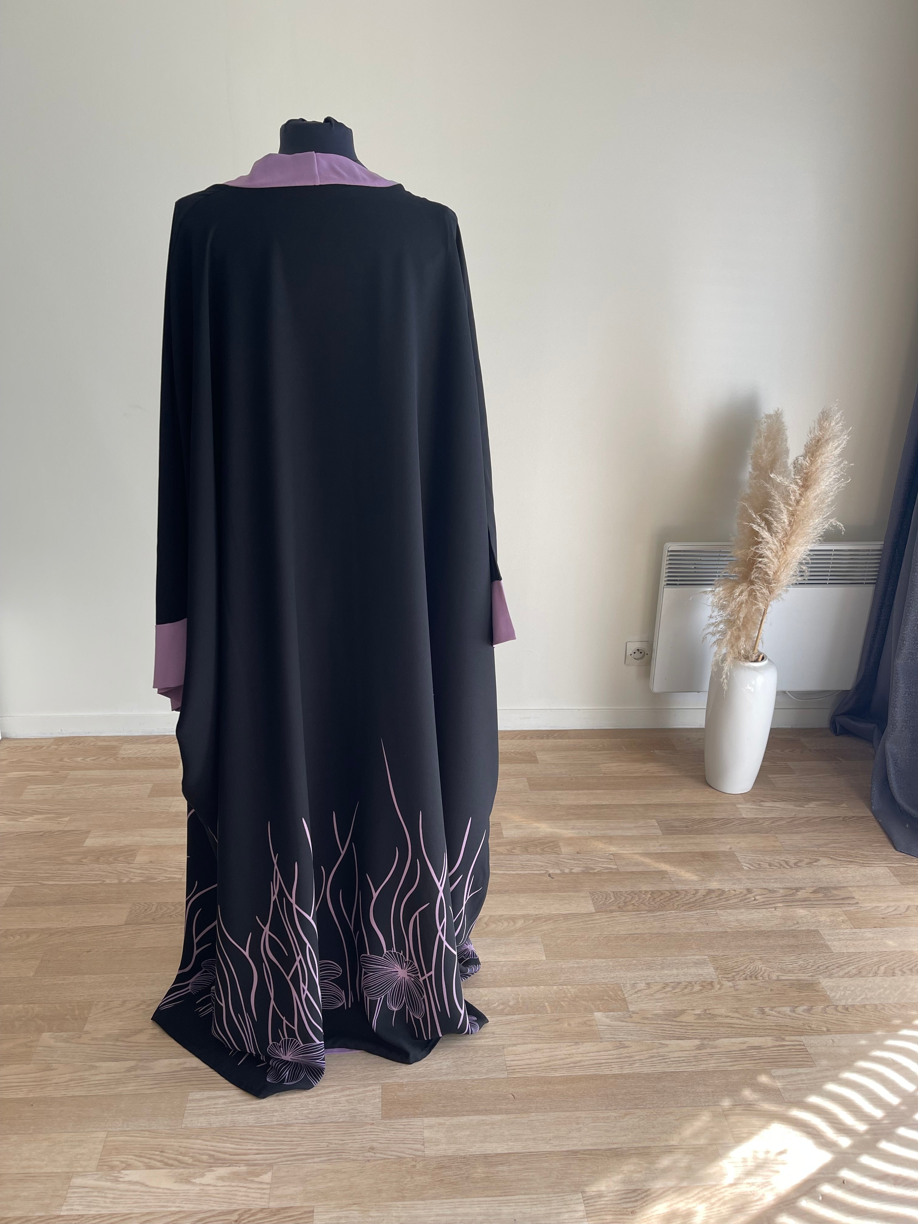 Abaya deux pièces bords imprimés floraux