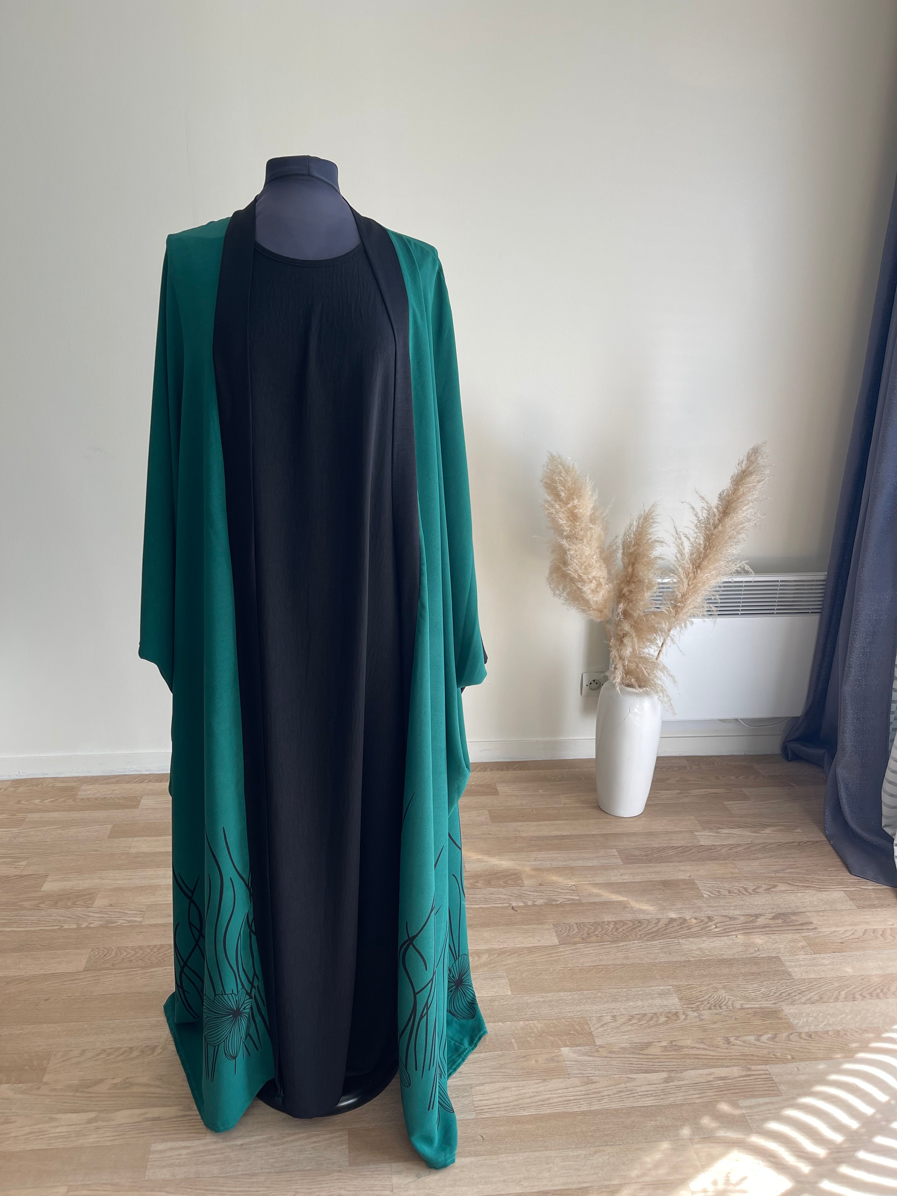 Abaya deux pièces bords imprimés floraux