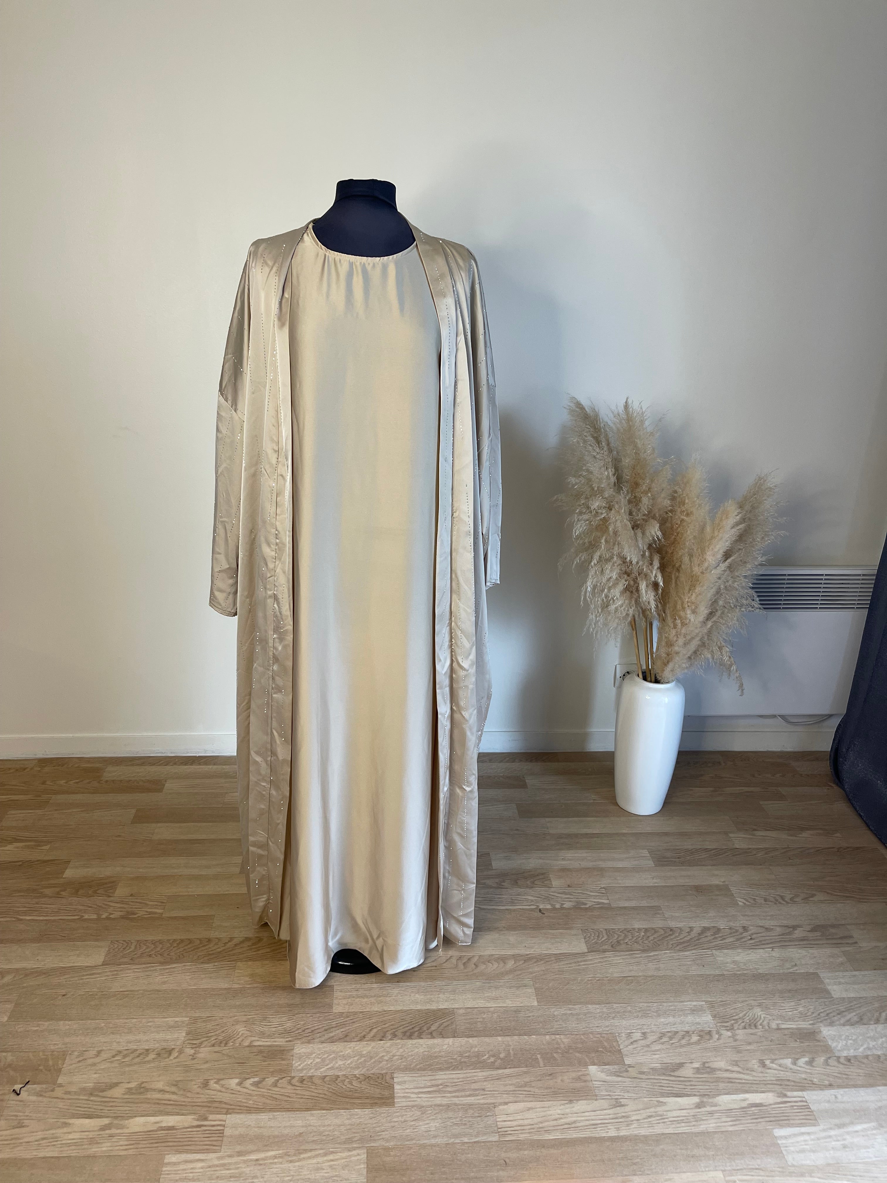 Abaya deux pièces sous robe et kimono à strass